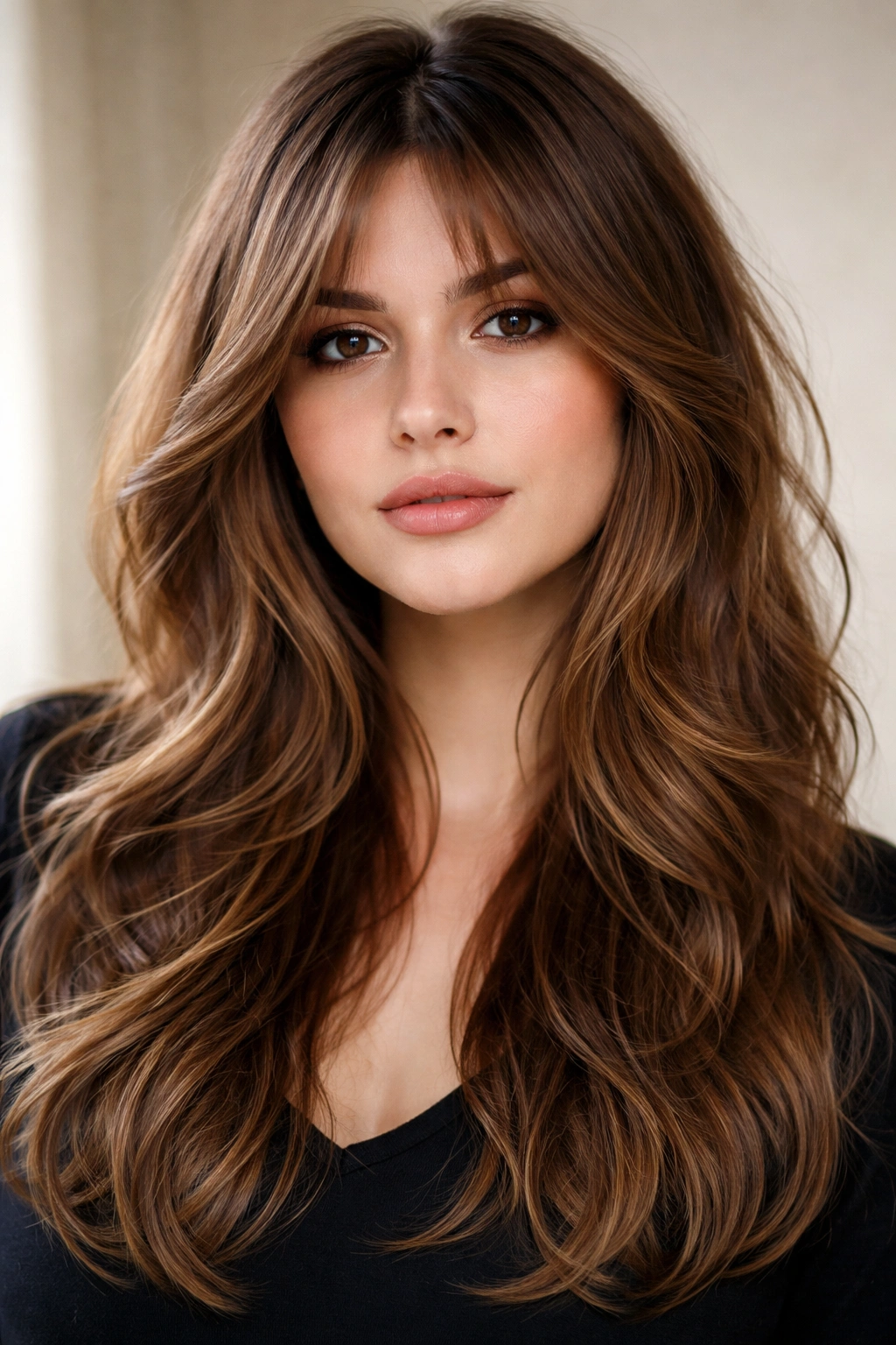 10 Haircuts For A Round Face And Double Chin 10 Portrait of curtain bangs with layered length and face-framing layers.
