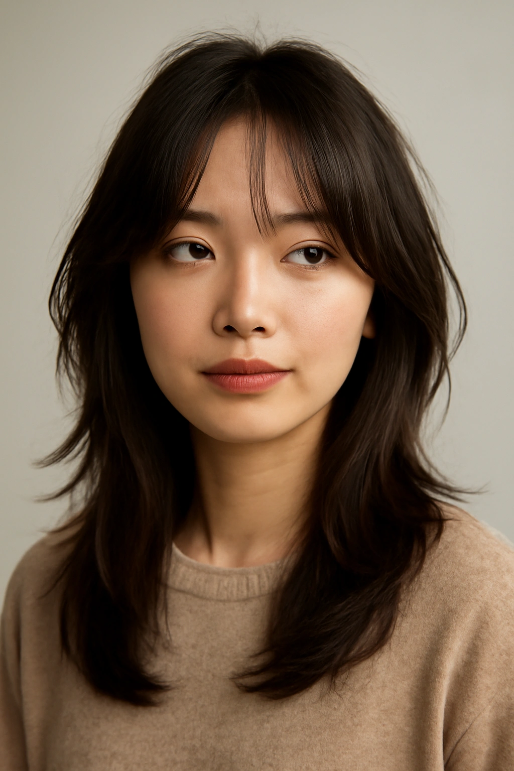 15 Korean Hairstyles Women Are Copying Right Now 1 Close-up portrait showing curtain bangs with layered mid-length hair framing the face.