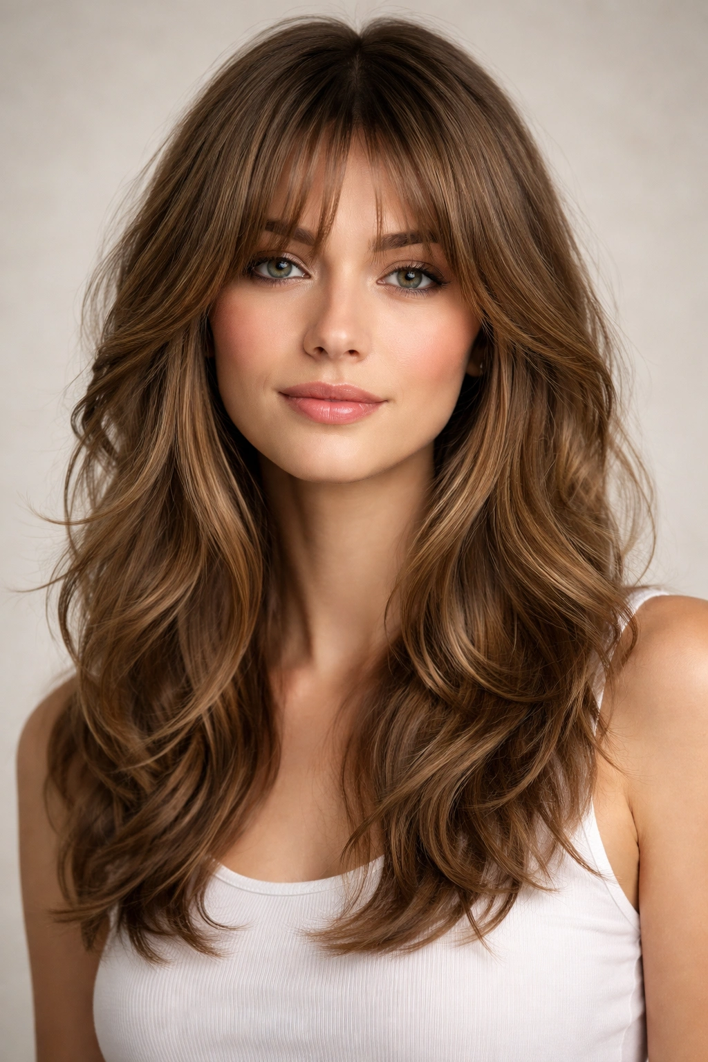 Face-framing curtain bangs with layered sides in waves