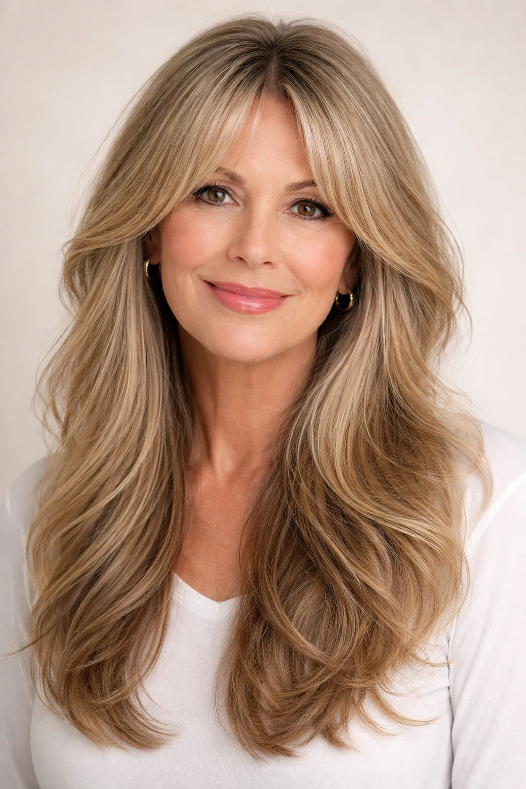 Long curtain bangs with layered hair framing the face