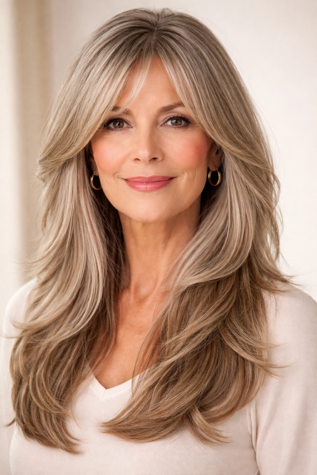 Hair with curtain bangs and long layered hair framing the face