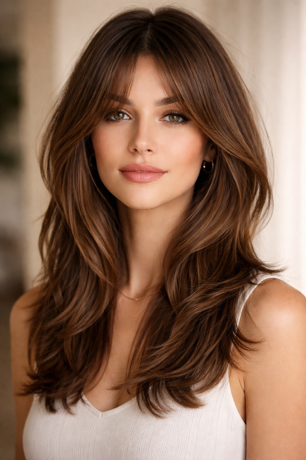 Medium-length layered hair with curtain bangs framing the face.