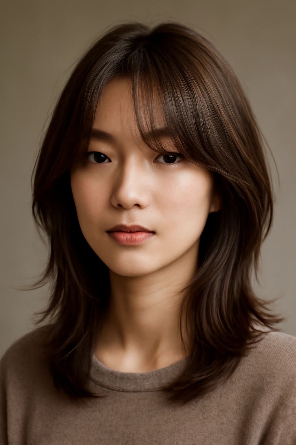 12 Japanese Hairstyles That Are Trending Right Now 4 Portrait of a person with curtain bangs and layered hair framing the face