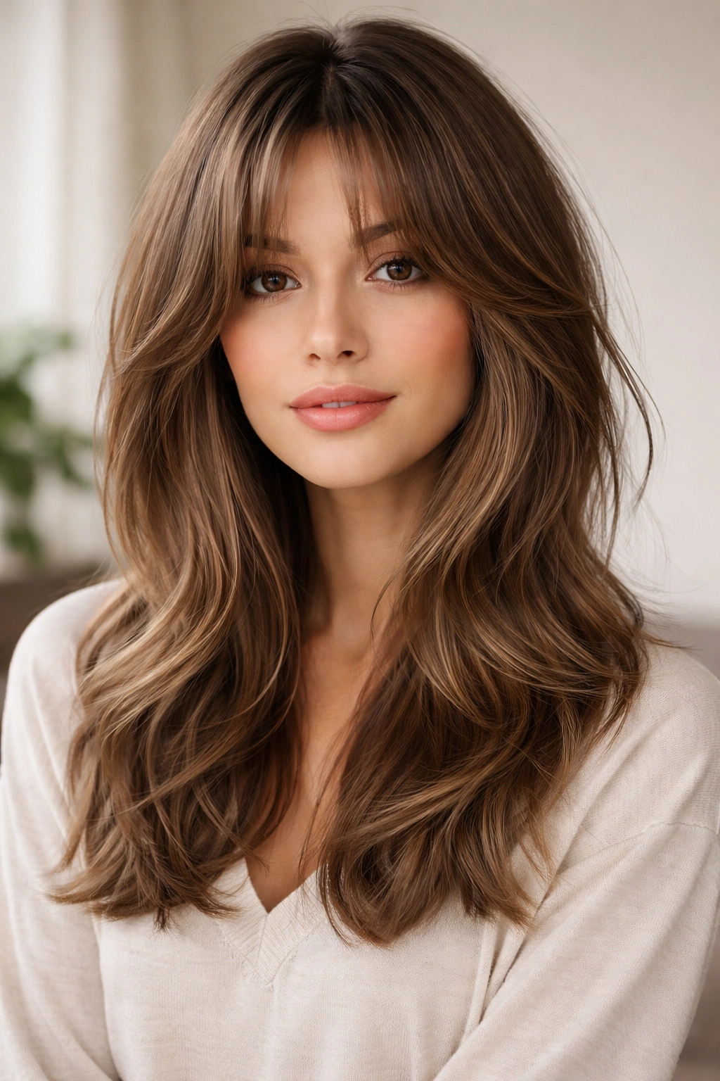 15 Bang Styles That Pair Well With Medium Hair 11 Close-up of curtain bangs with face-framing layers on medium hair