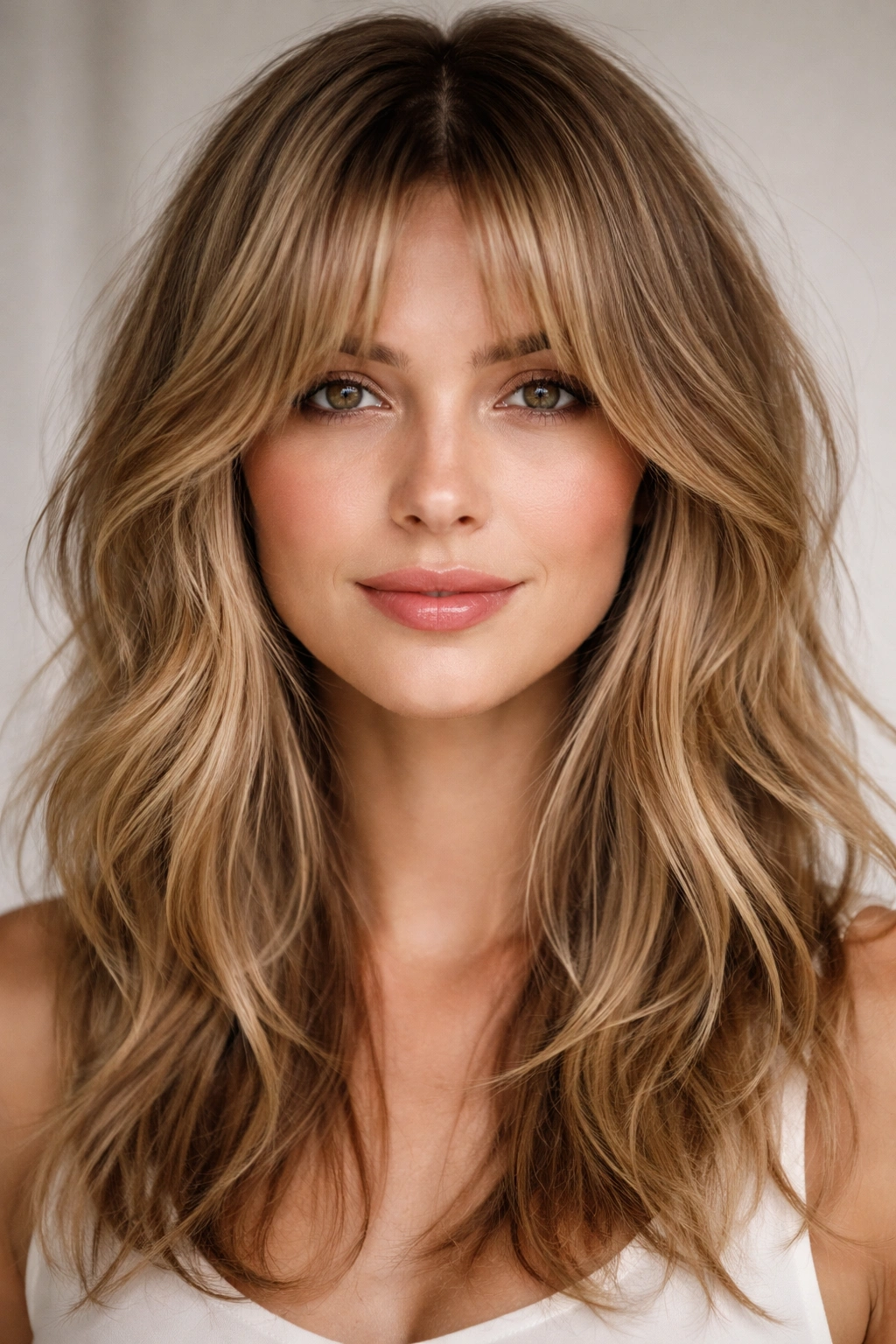 20 Haircuts That Give Fine Hair Instant Fullness 18 Front view of curtain bangs with center part and layered texture.