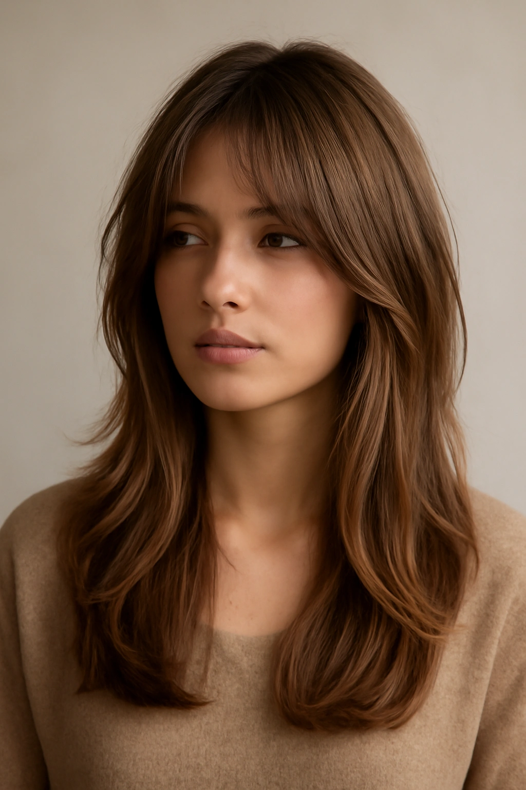 Portrait of curtain bangs with long layers and dimensional movement