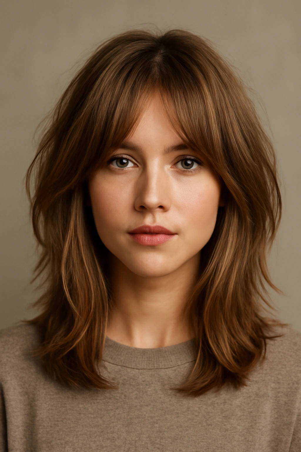 Close-up of textured curtain bangs with layered fullness on fine hair