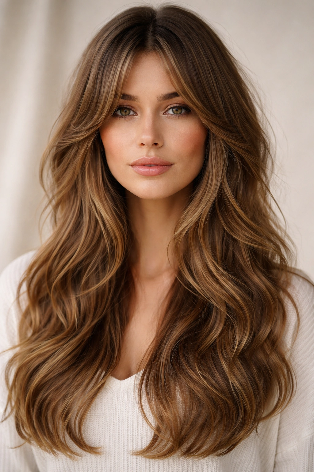 15 Wash And Wear Haircuts For Naturally Wavy Hair 4 Portrait of a model with long layered hair and curtain bangs parted in the middle.