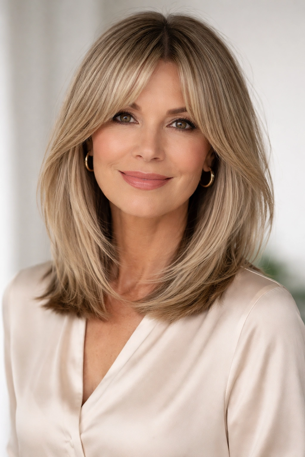 Sleek long bob with curtain bangs and textured ends