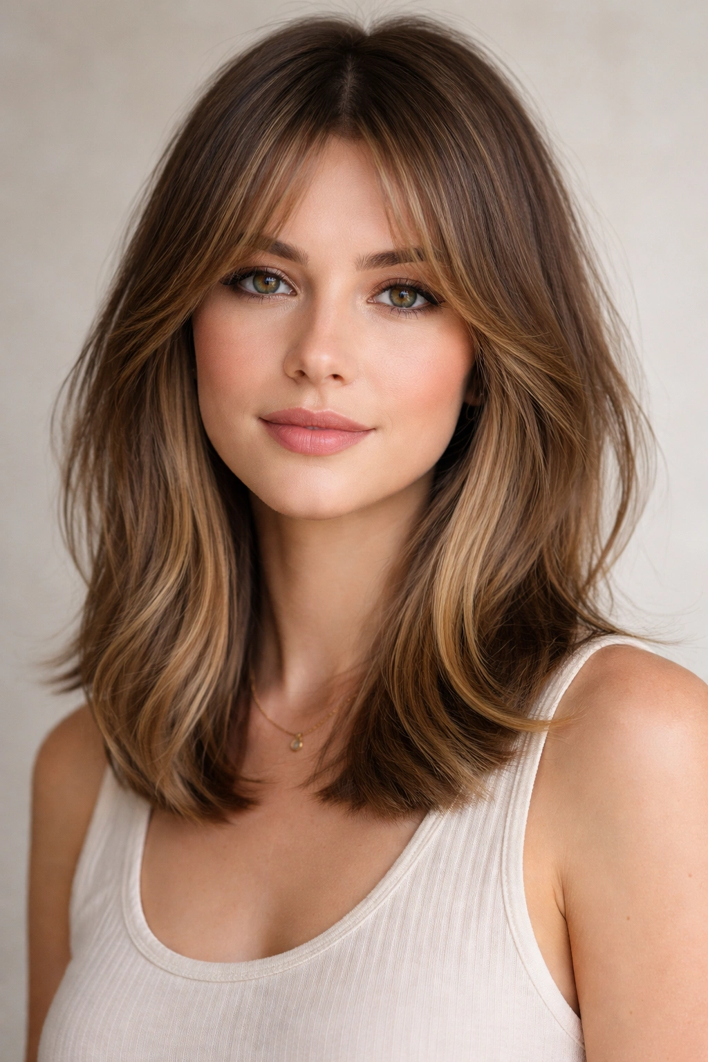 Lob with curtain bangs, middle-parted and softly sweeping