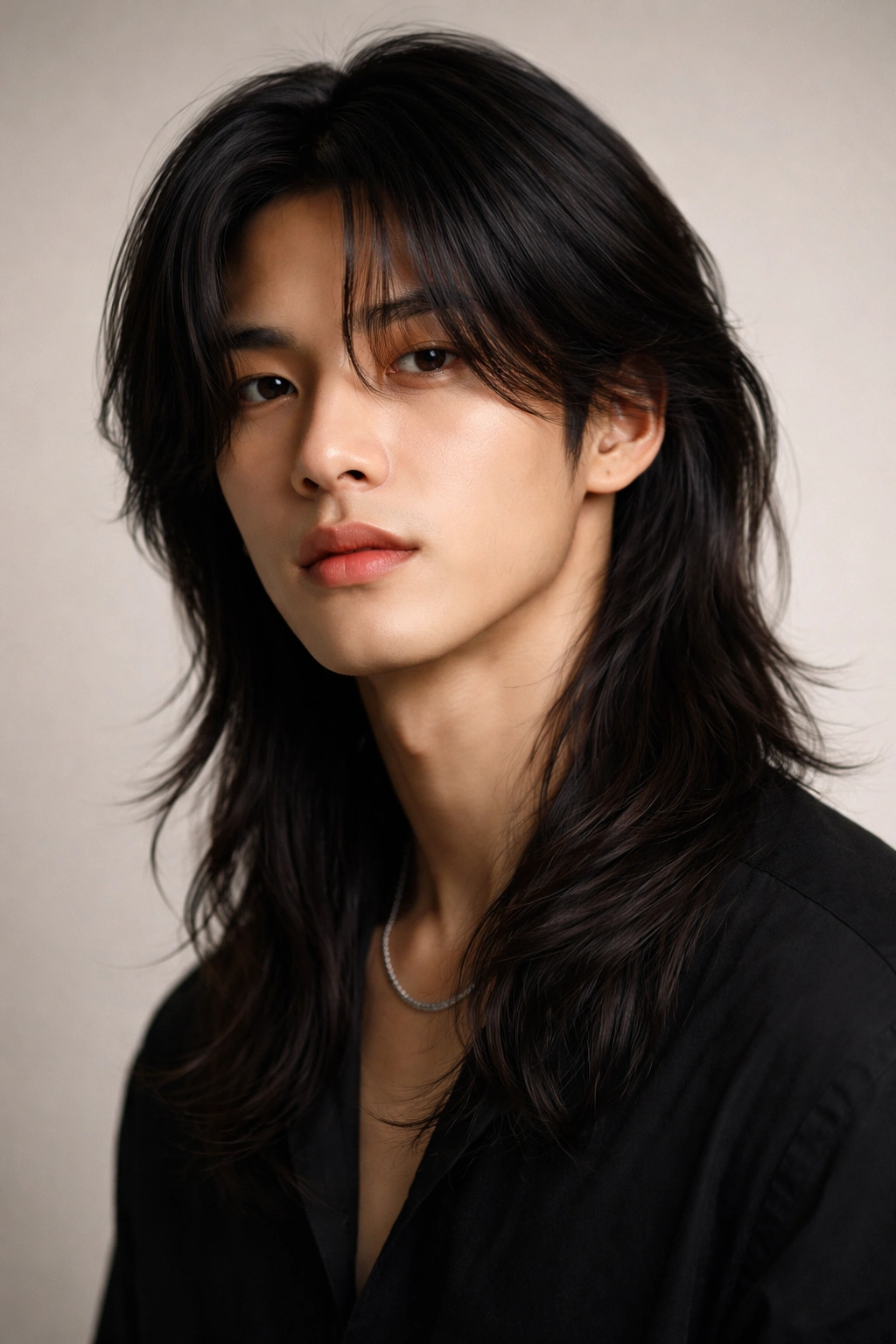 Portrait of curtain bangs with long back hair sweeping to the sides