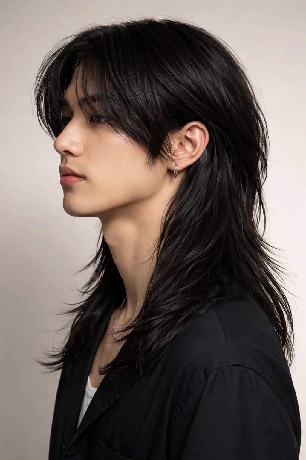 Hair showing curtain bangs and long back in side profile