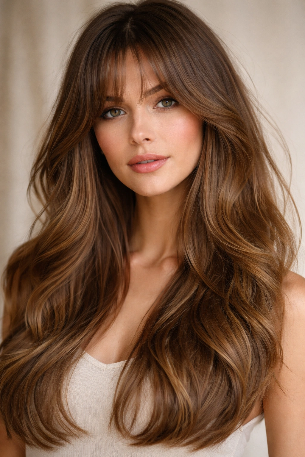 Close-up portrait with long hair and soft curtain bangs framing the face