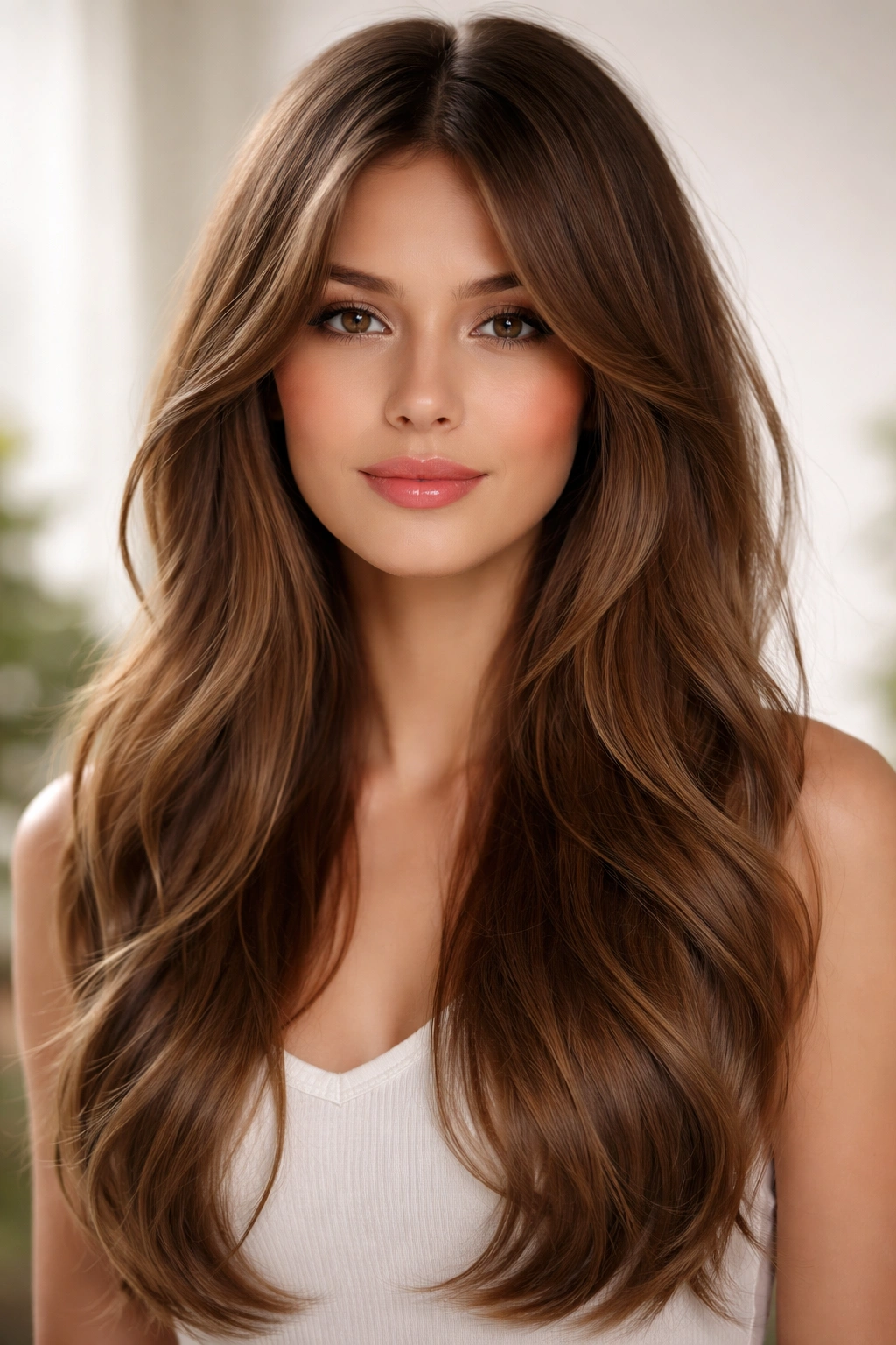 Face framed by curtain bangs with long hair