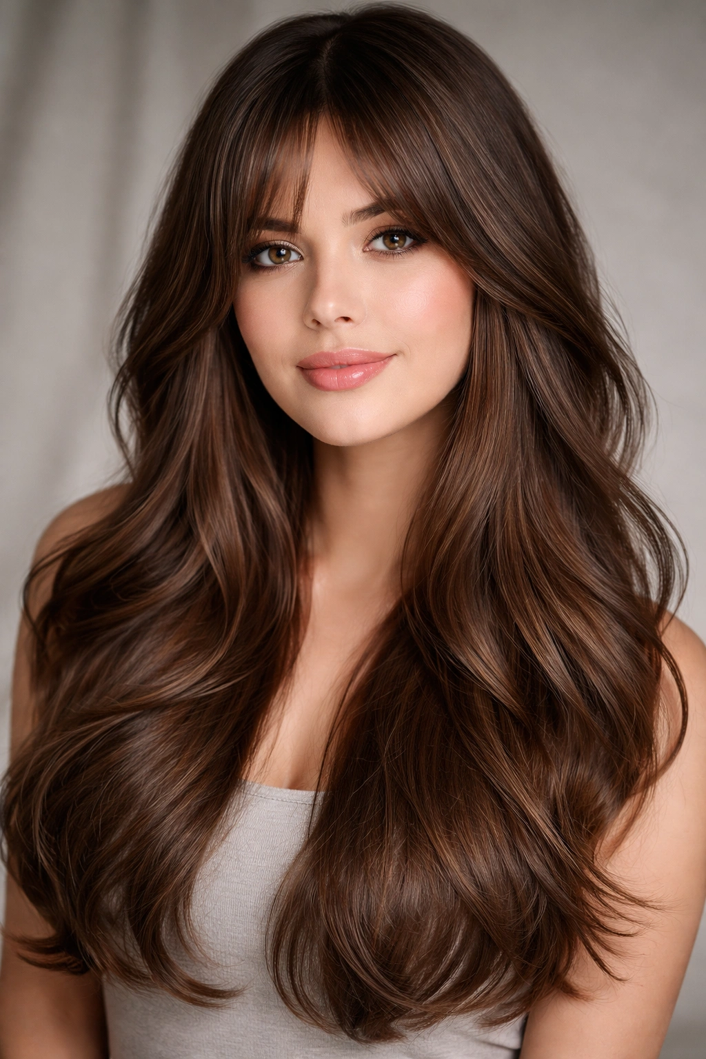 Long voluminous hair with curtain bangs framing the face