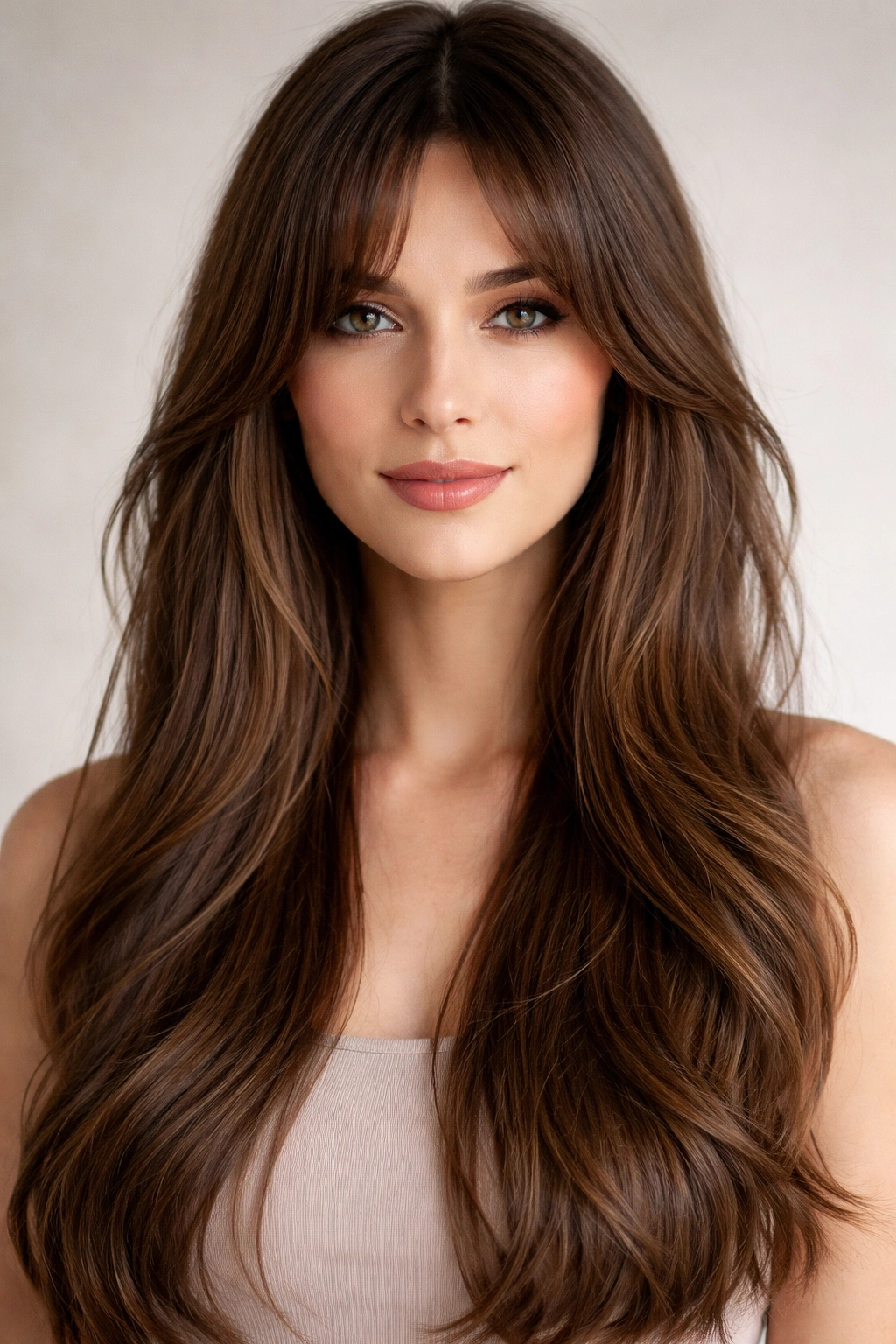 Close-up of a person with long hair and curtain bangs parted at the center