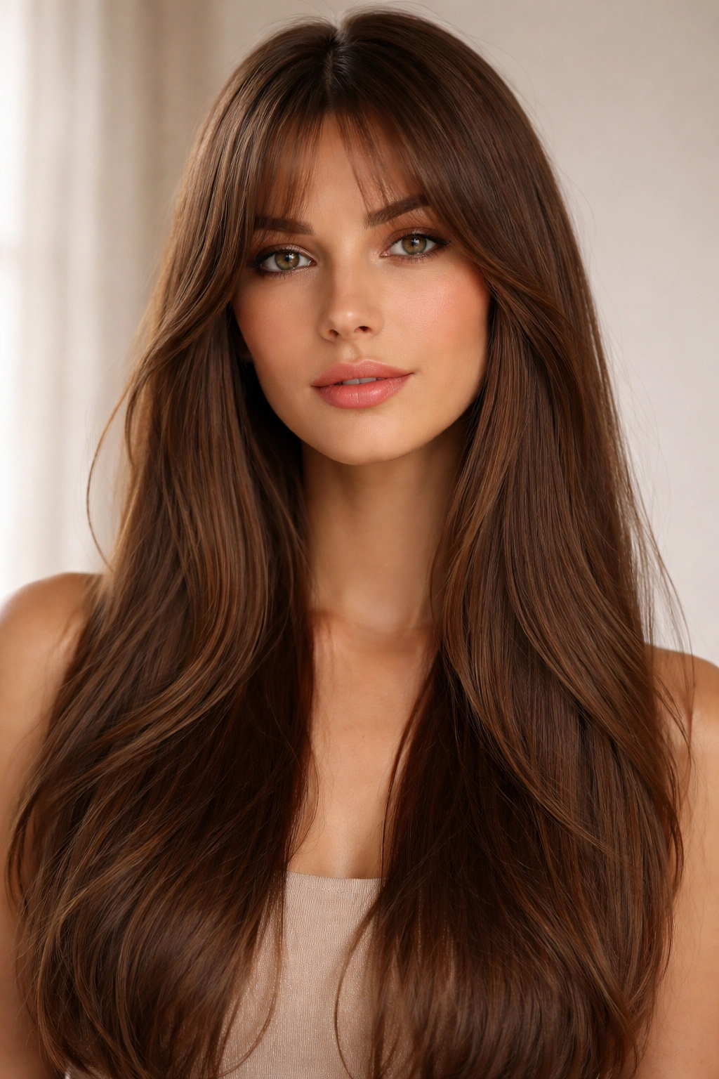12 Haircuts That Look Amazing On Longer Faces 4 Long straight hair with curtain bangs framing cheeks.