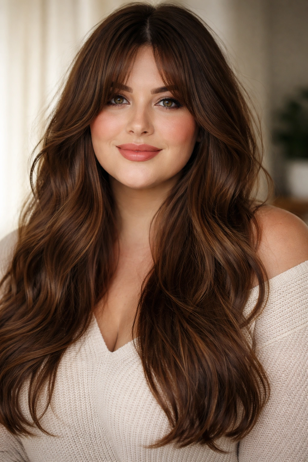 Full-face view of a plus-size woman with curtain bangs and long hair.