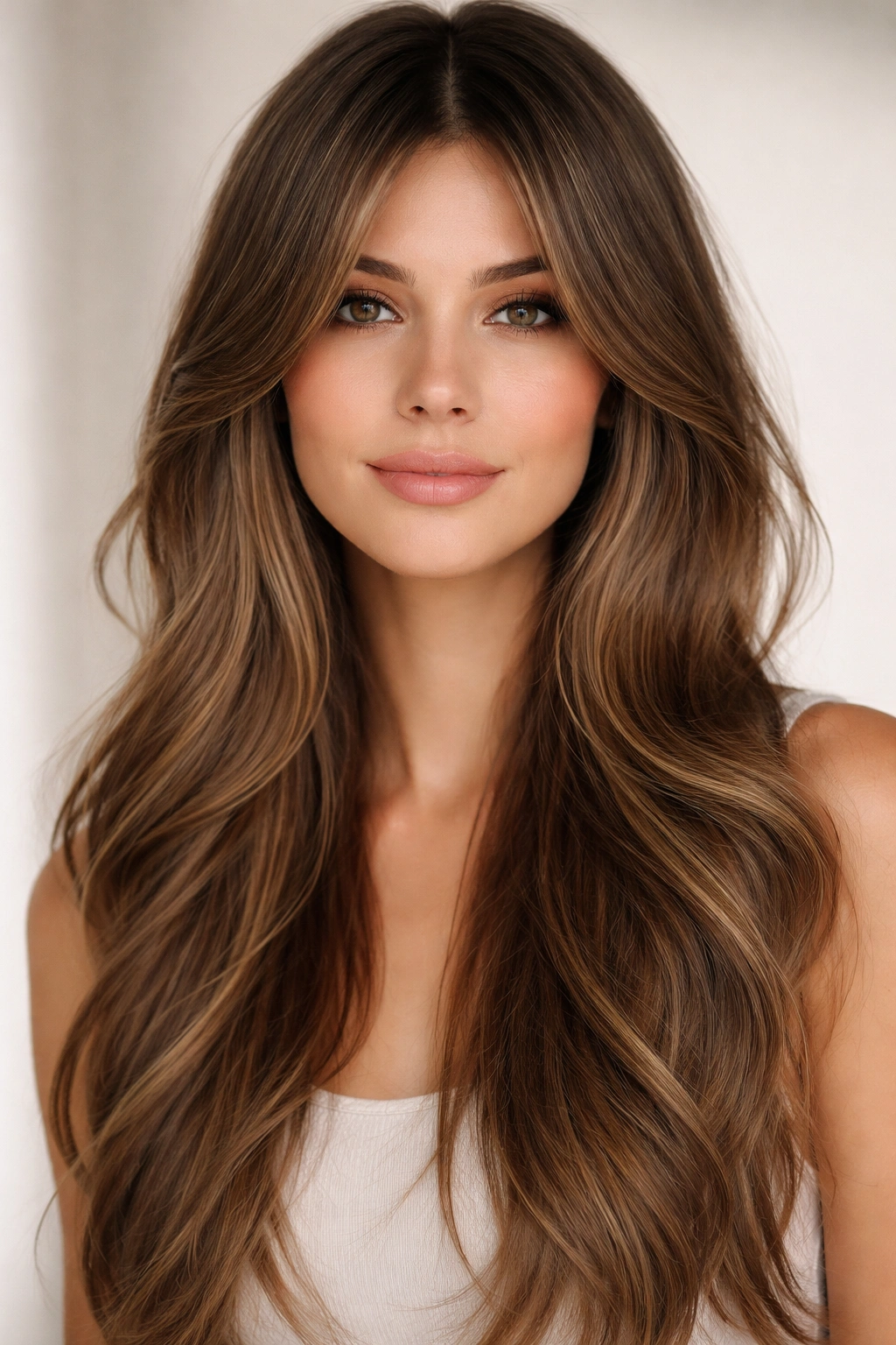 Head-and-shoulders with center-part curtain bangs and long layers framing the face
