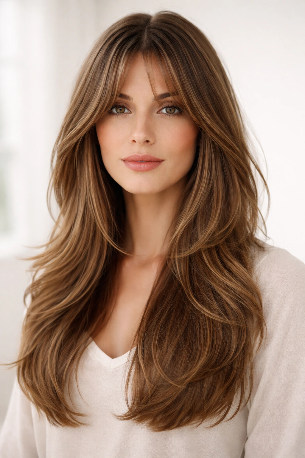 Portrait of a person with curtain bangs and long layered hair framing the face