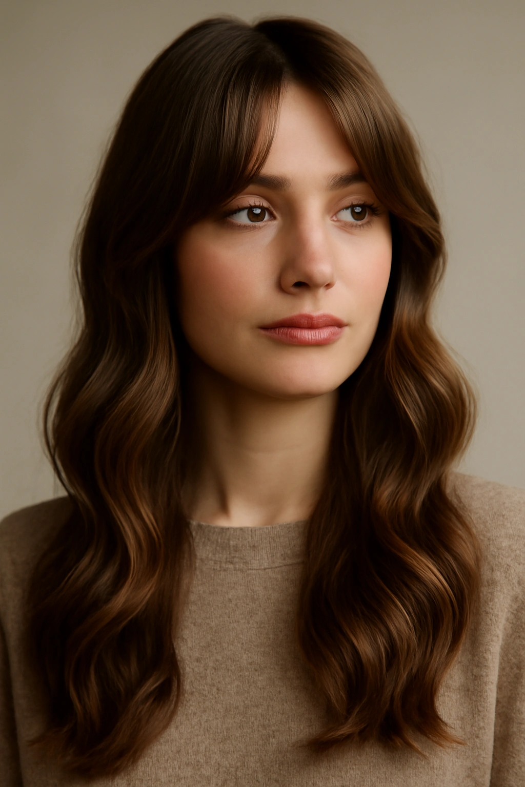 Close-up portrait of curtain bangs with long waves framing the cheeks