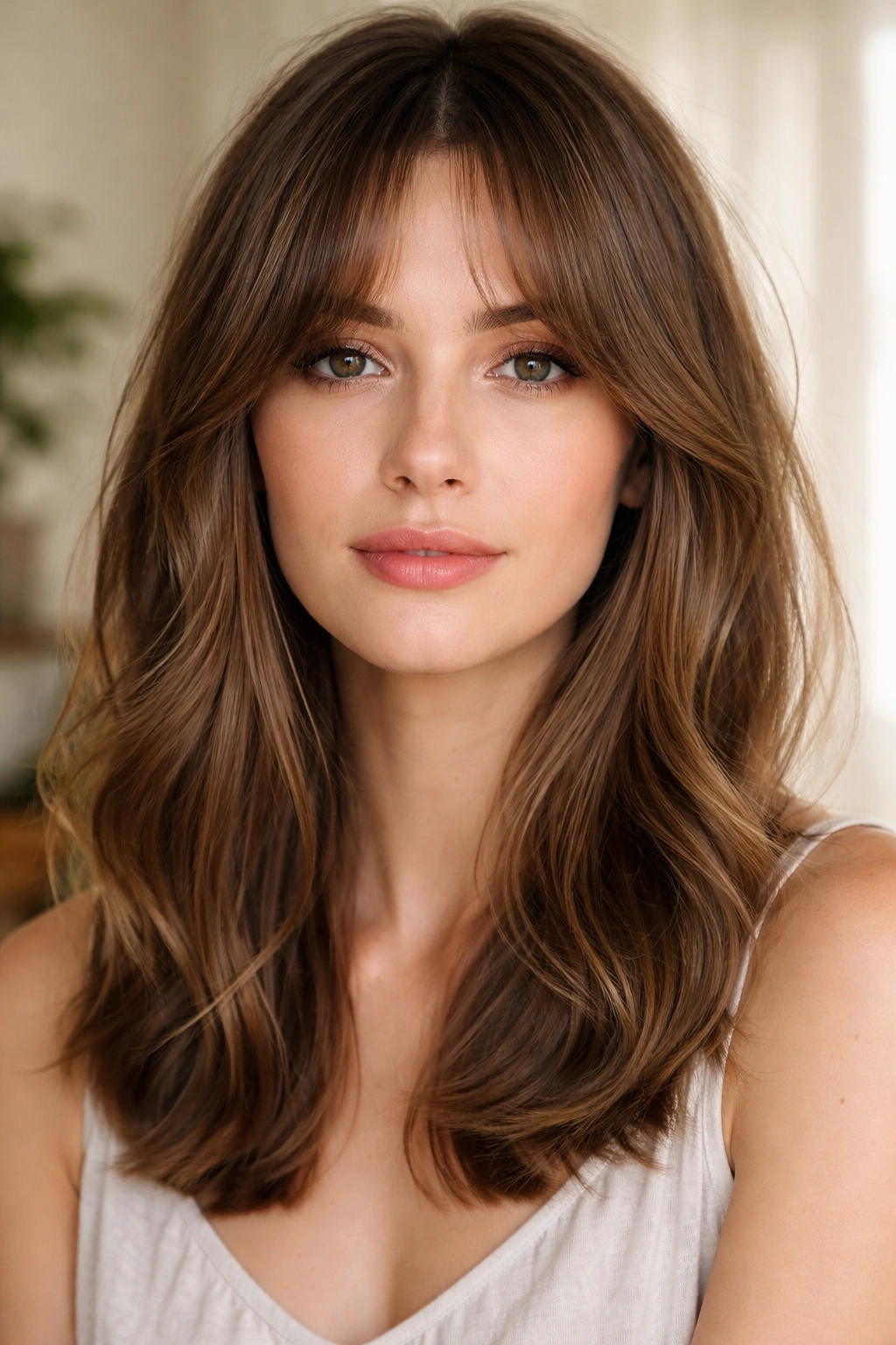 Portrait featuring curtain bangs centered and sweeping outward