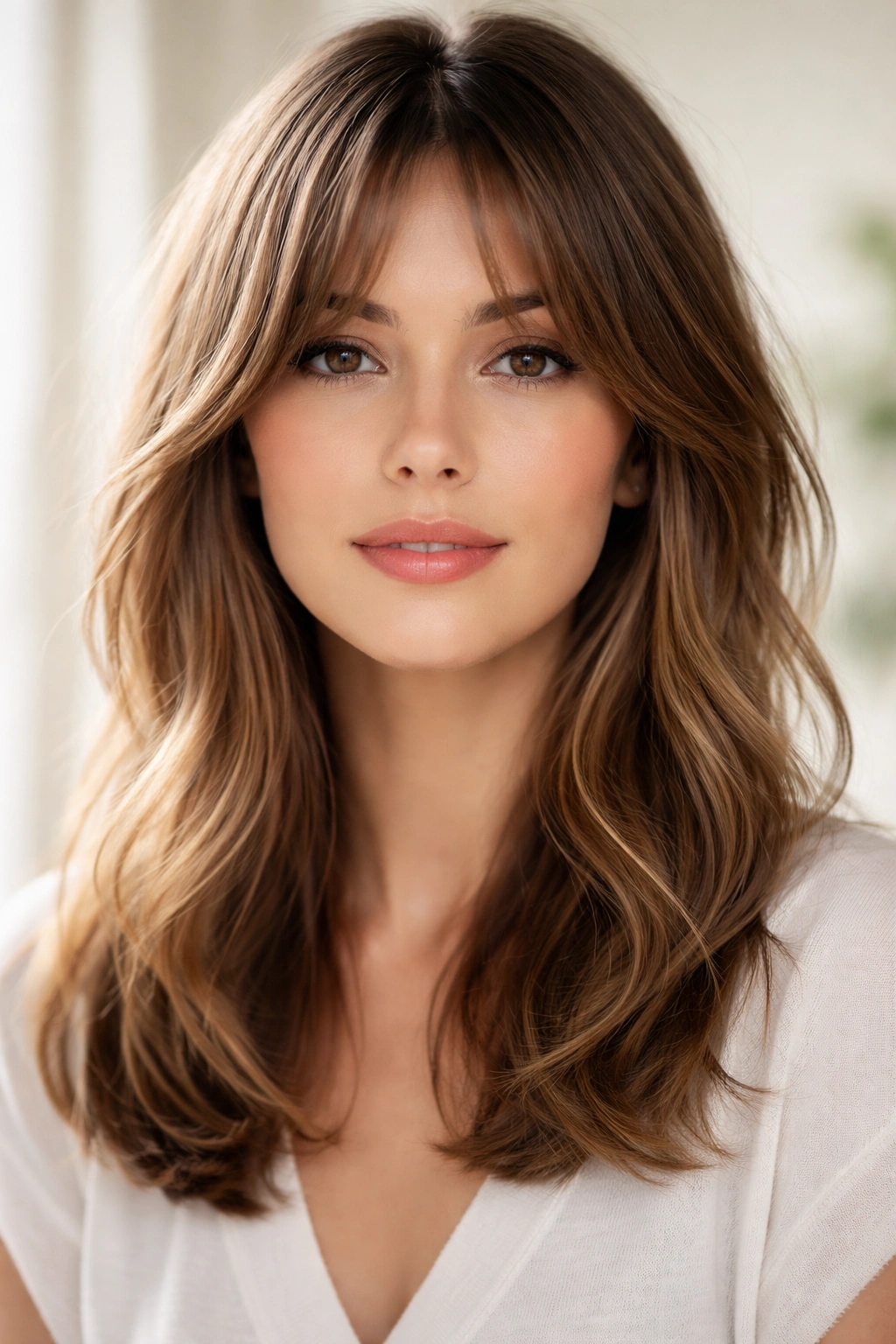 15 Bang Styles That Pair Well With Medium Hair 3 Portrait with curtain bangs parting in the middle on medium-length hair