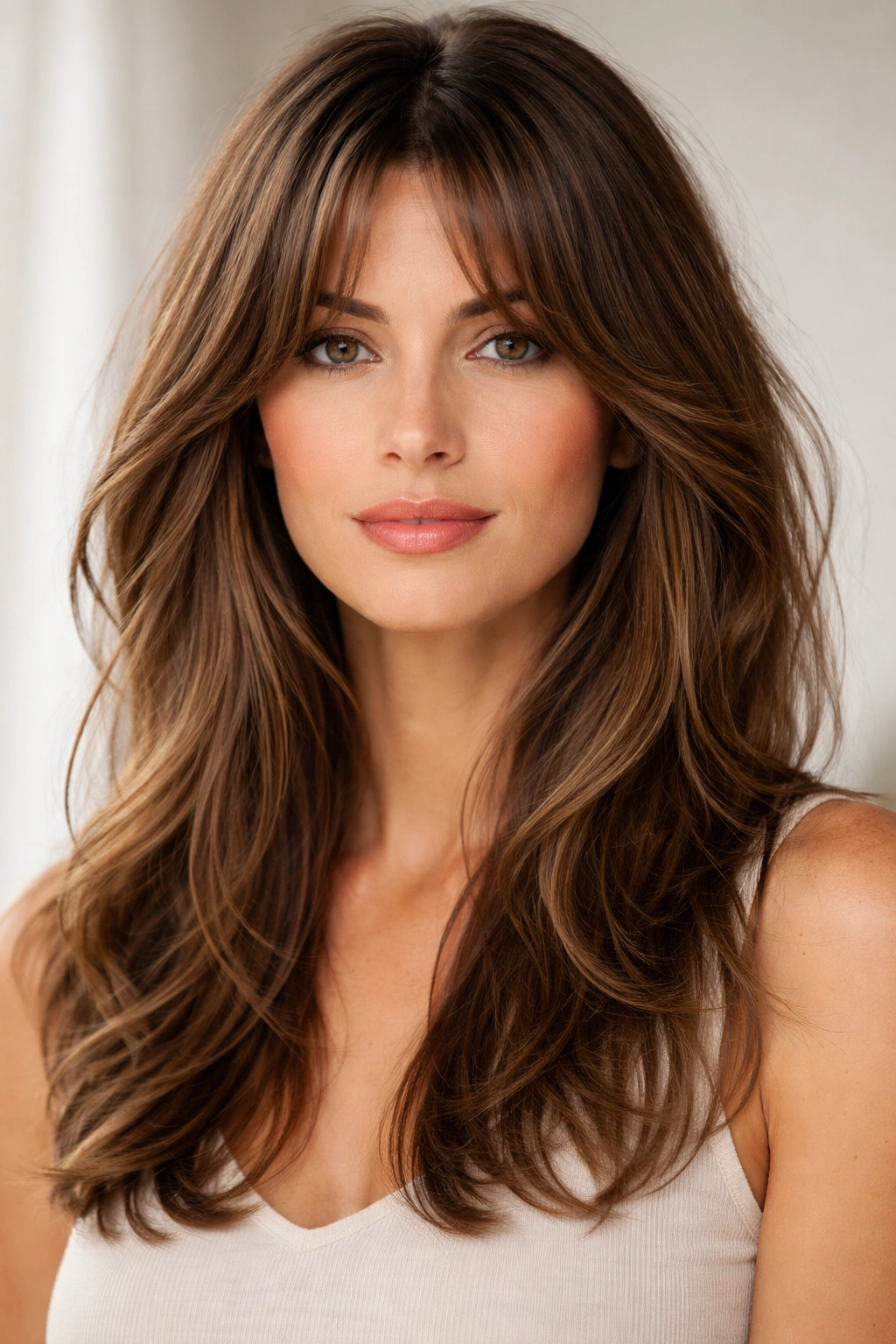 Medium-length hair with curtain bangs parted in the middle framing the face in a studio portrait.
