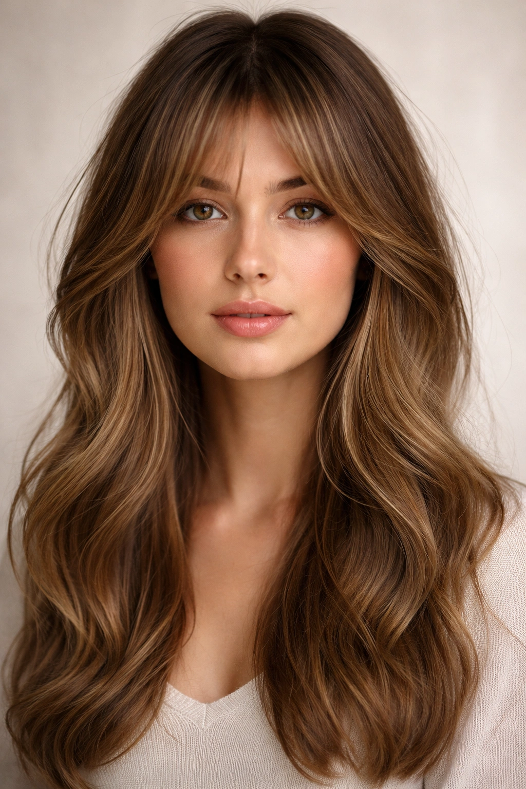 Curtain bangs parted in the middle framing the cheeks