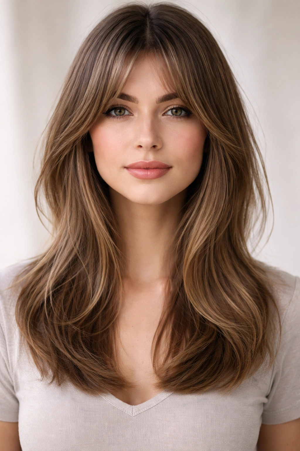 Medium-shot of curtain bangs parted in the middle, framing the face in a soft studio setting