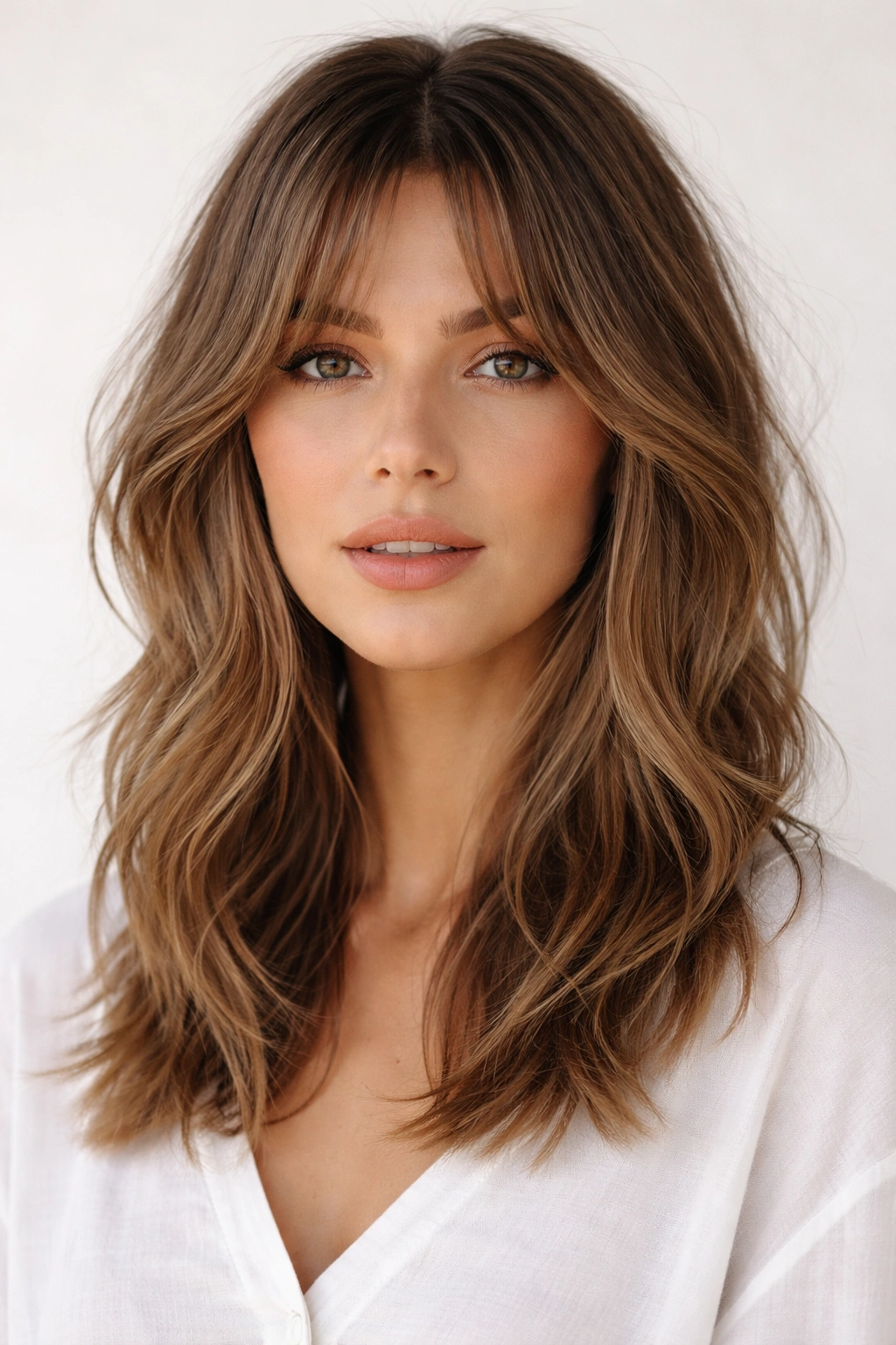Textured midlength hair with center-parted curtain bangs.