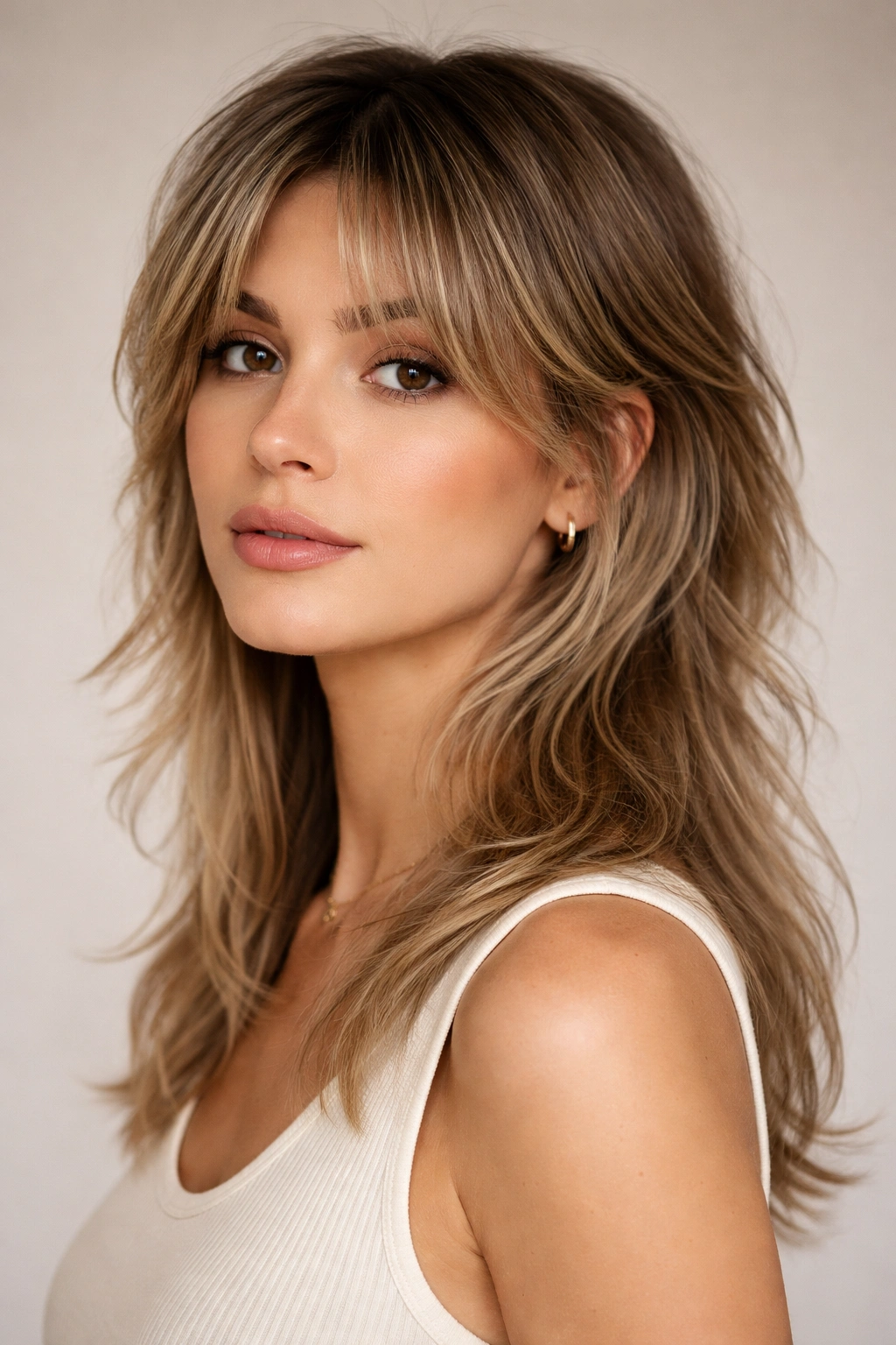 Portrait of mullet with curtain bangs featuring middle-parted soft bangs