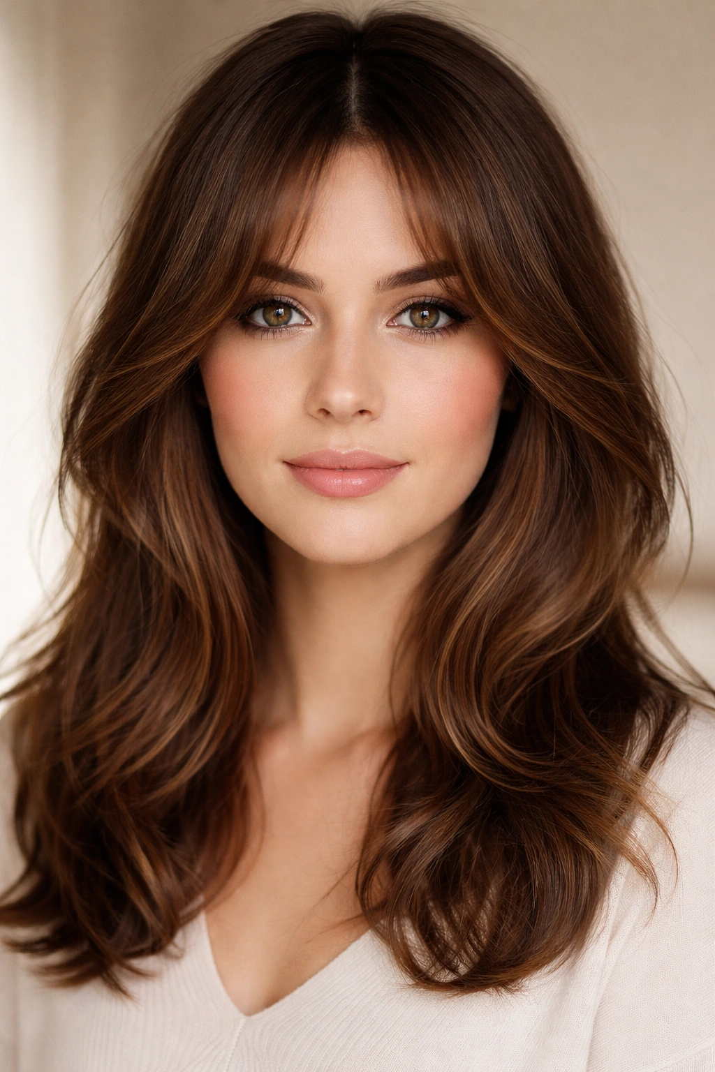 20 Haircuts Matched To Your Face Shape Perfectly 4 Curtain bangs on oval face with shoulder-length hair framing features.