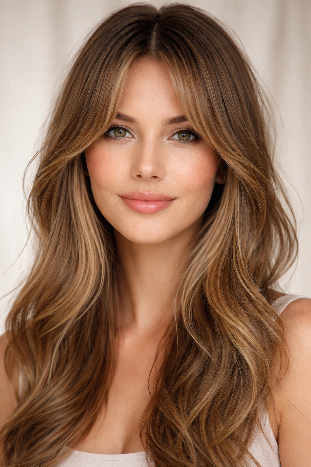 Front-facing portrait with center-parted curtain bangs
