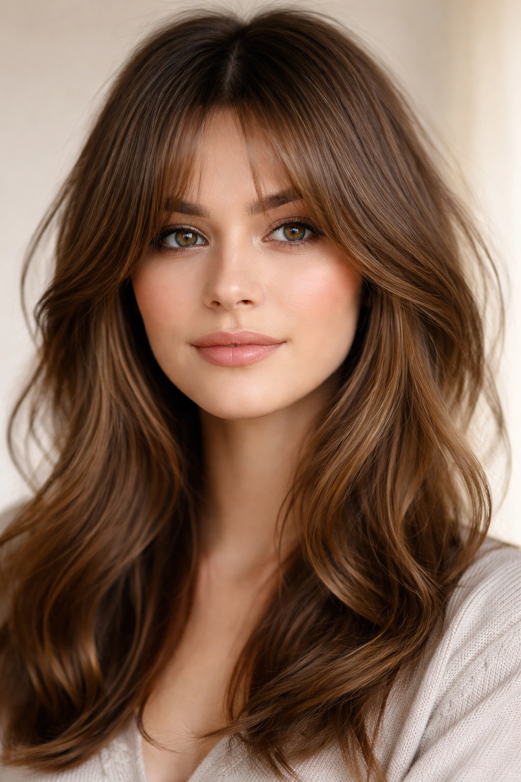 Close-up portrait with curtain bangs framing the face from center-parted fringe.