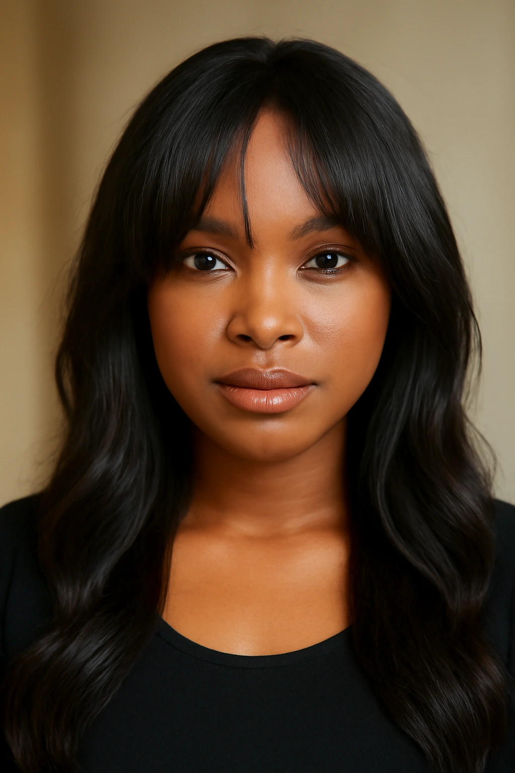 12 Bangs Hairstyles That Flatter Black Women 5 Close-up of a Black woman with curtain bangs framing her face