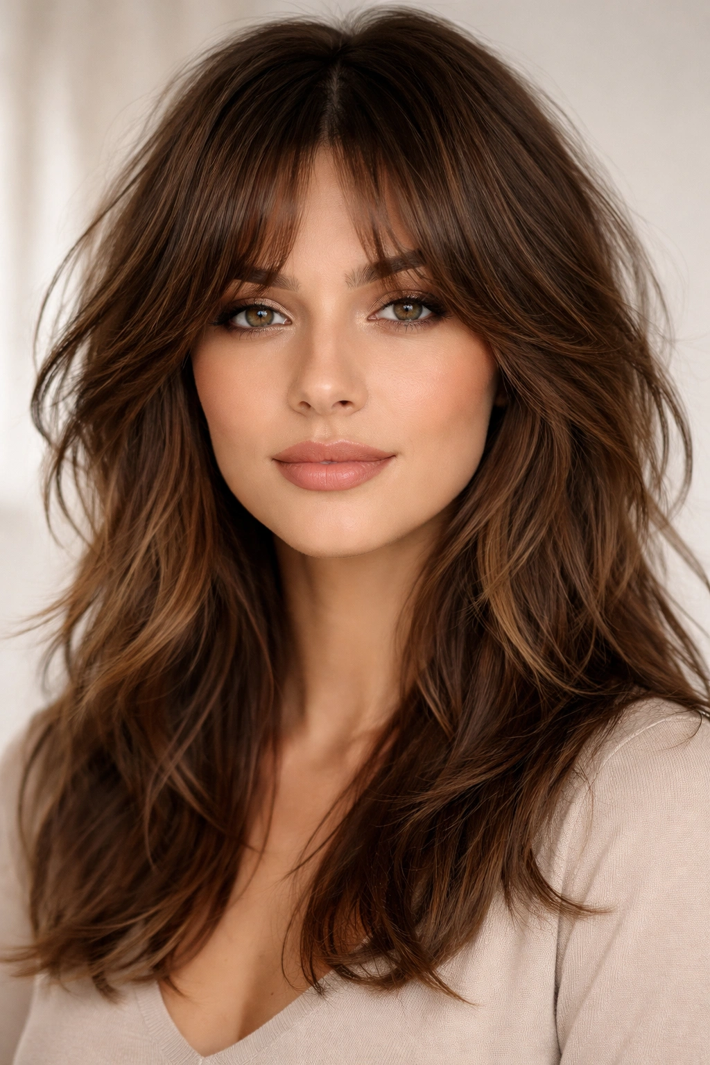Shag with curtain bangs centered and blended into layers