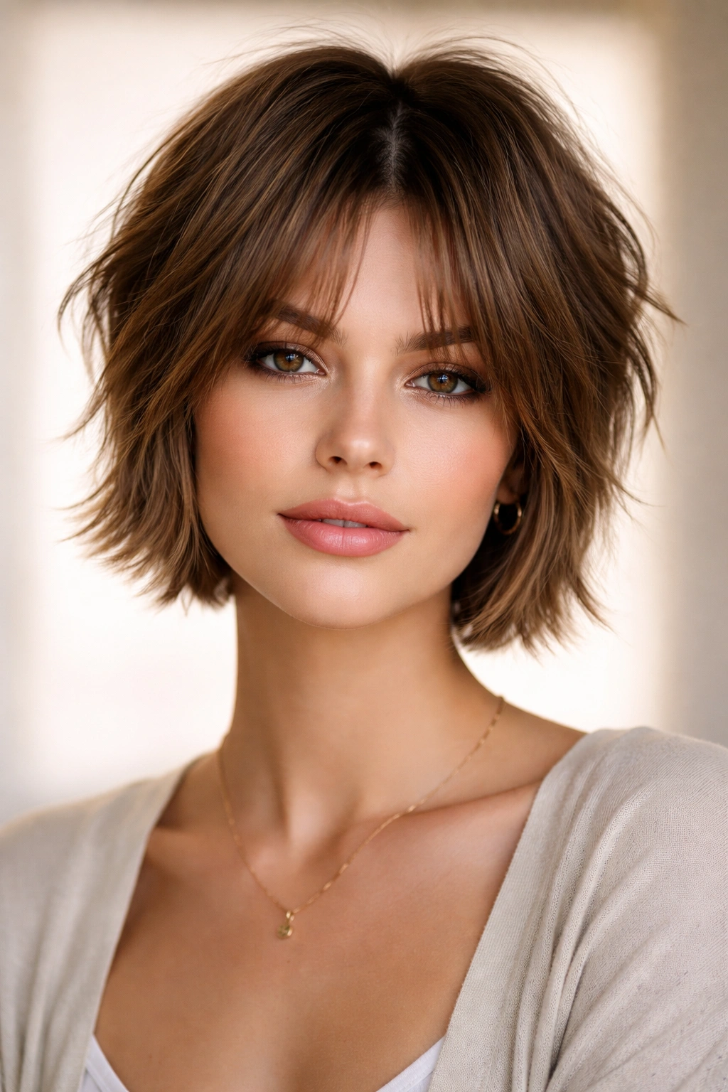 15 Choppy Short Haircuts Loaded With Texture 15 Front view of a choppy curtain bangs short cut with center-parted bangs