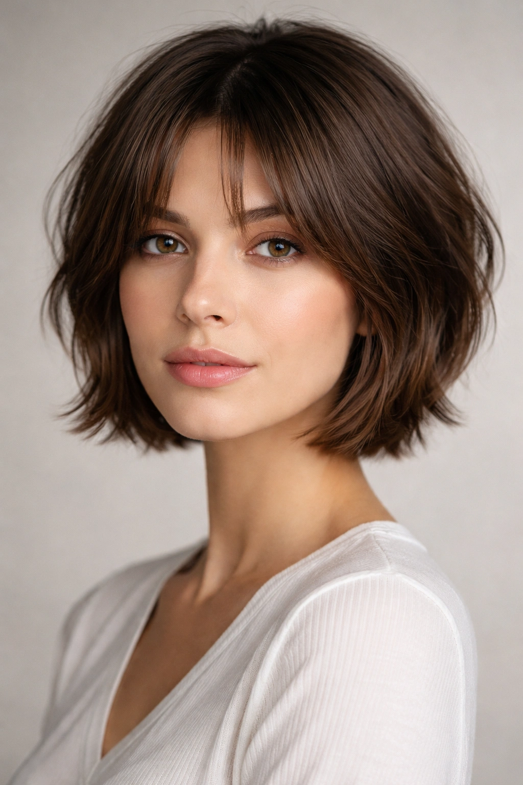 Close-up portrait of a woman with short, textured hair and curtain bangs.