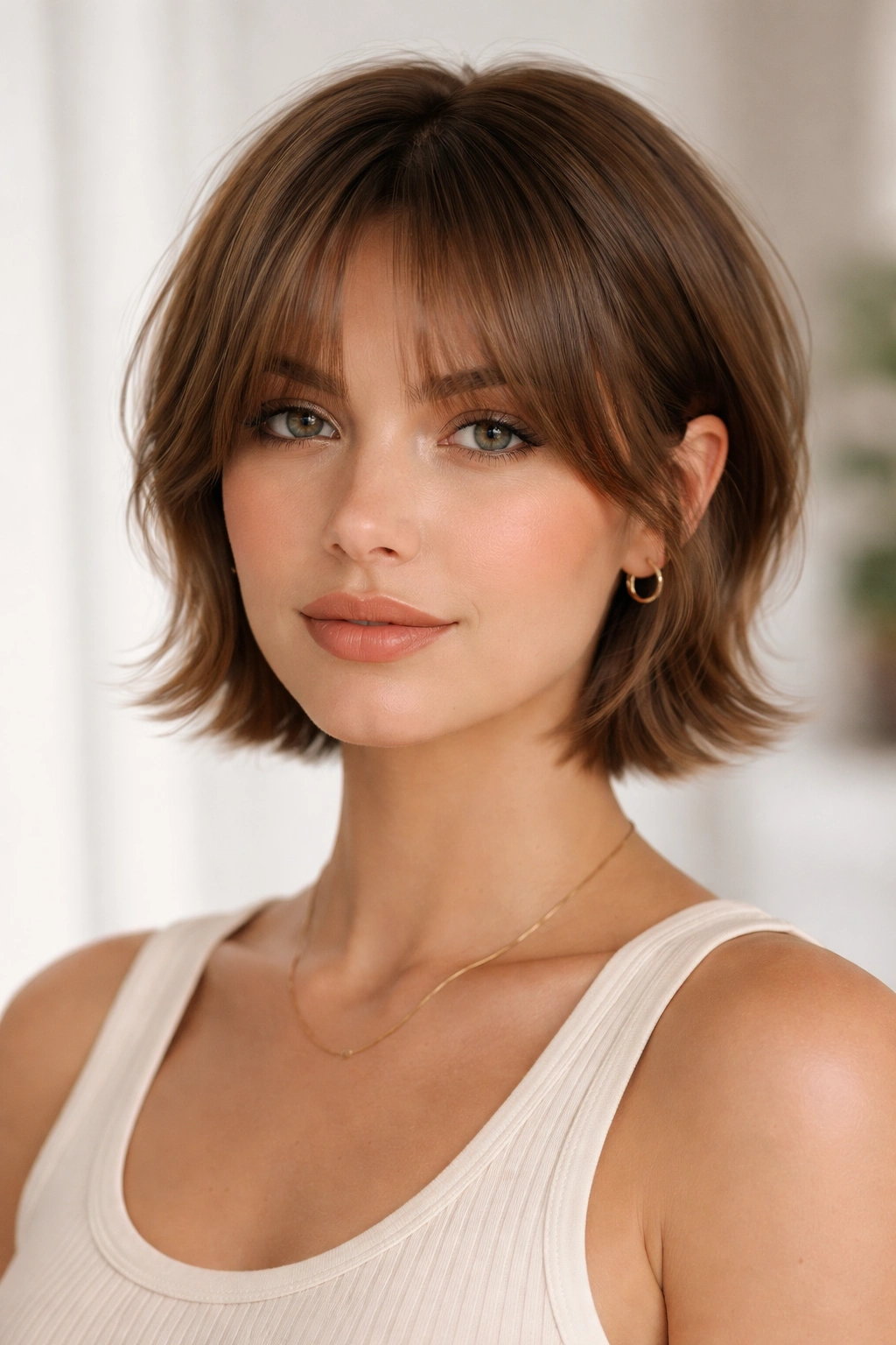 Portrait of a person with curtain bangs and short length hairstyle framing the face.