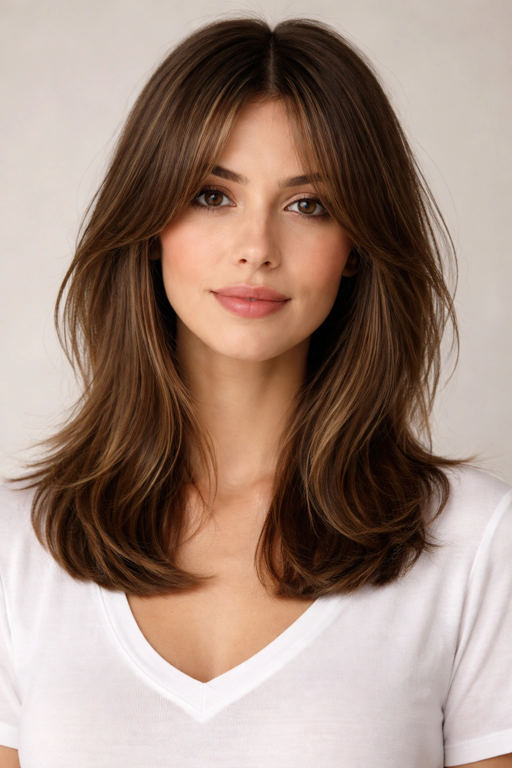 Frontal view of Shoulder Length with Curtain Bangs showing face-framing bangs