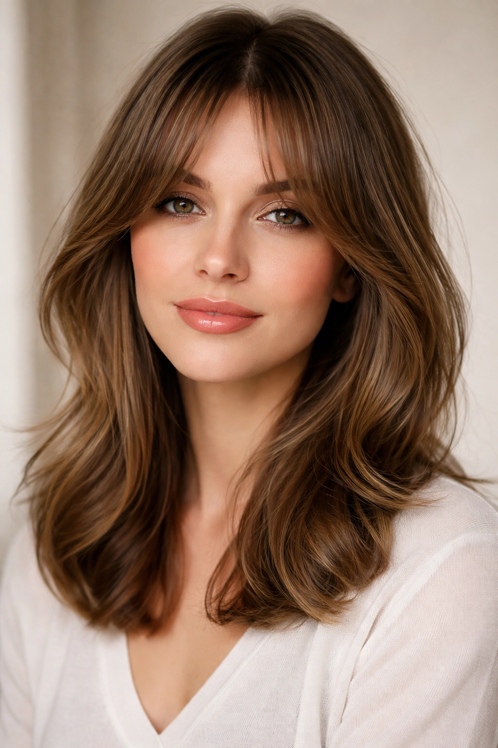 Close-up of shoulder-length hair with curtain bangs framing the face