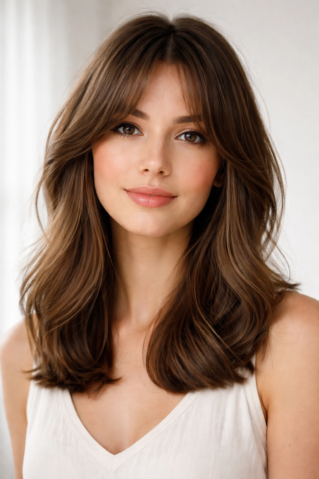10 Hairstyles That Visually Shorten A Long Face 9 Shoulder-length hair with curtain bangs framing the face.