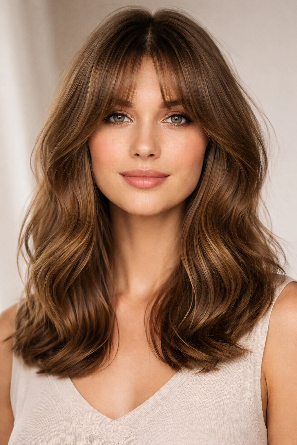 15 Hairstyles That Complement A Longer Face Shape 11 Portrait of Curtain Bangs with Shoulder-Length Waves showing center-part and soft waves