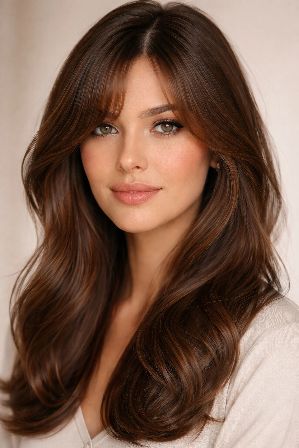 Close-up of side part with curtain bangs creating an asymmetrical face-framing look