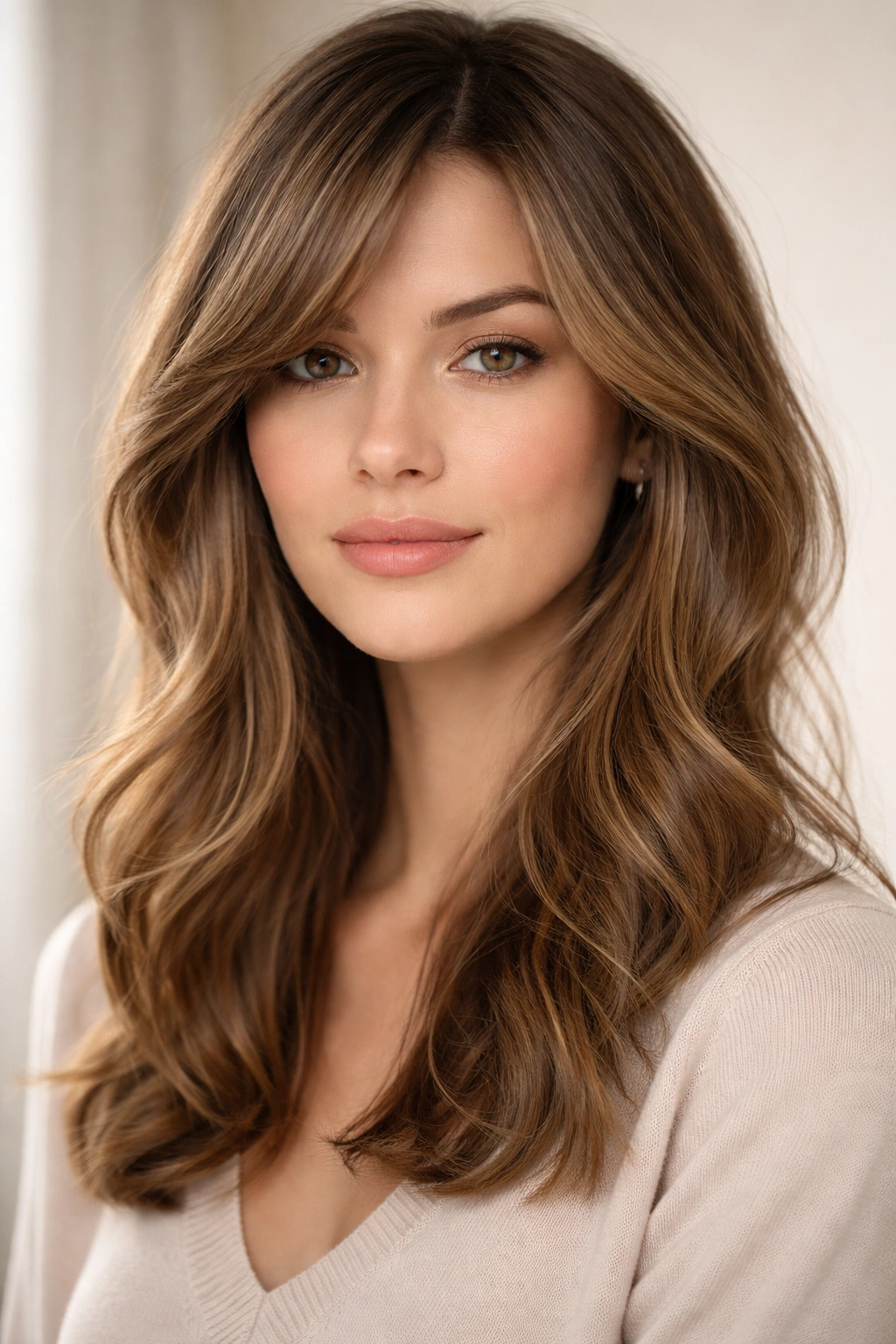10 Face Framing Bang Styles With A Side Part 1 Close-up of a model with curtain bangs and a side part framing the face