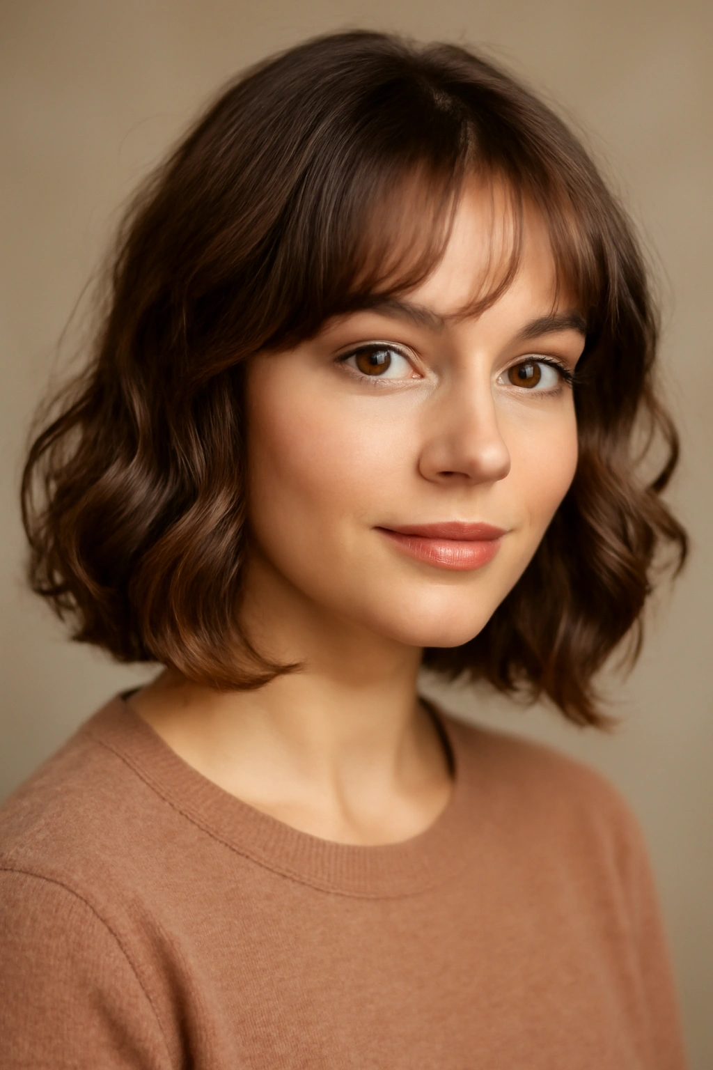 10 Birthday-Ready Hairstyles for Women With Short Hair 5 Face-framing curtain bangs with subtle curls framing the face in soft lighting.