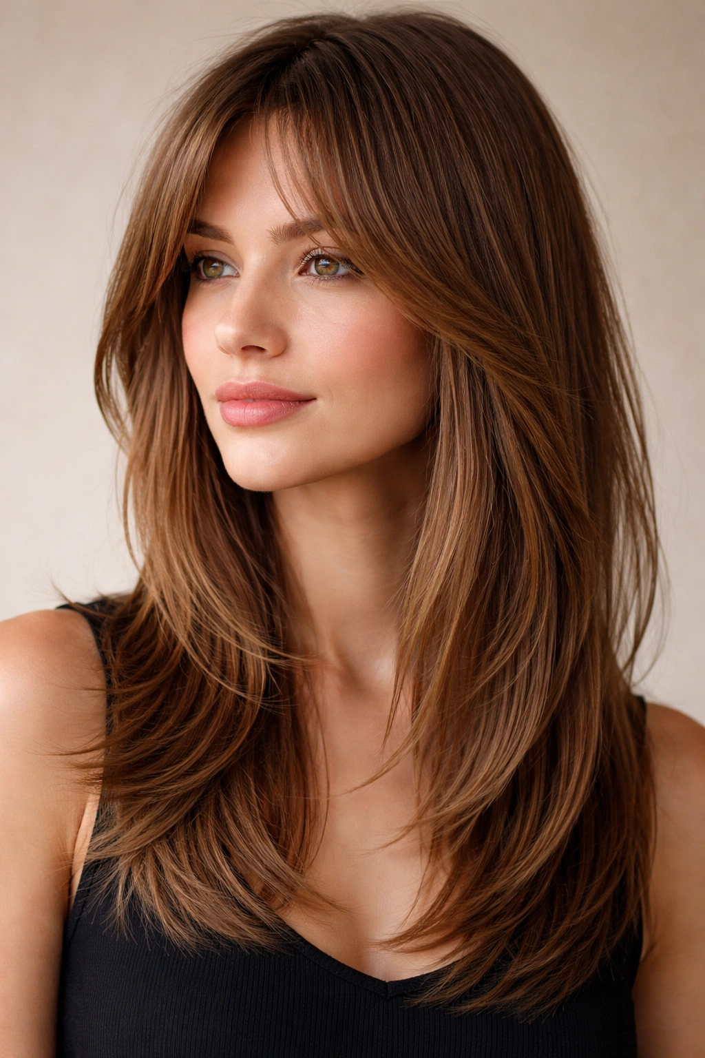 12 Short To Medium Straight Cuts That Look Clean 5 Portrait featuring curtain bangs with straight layers and a soft center part