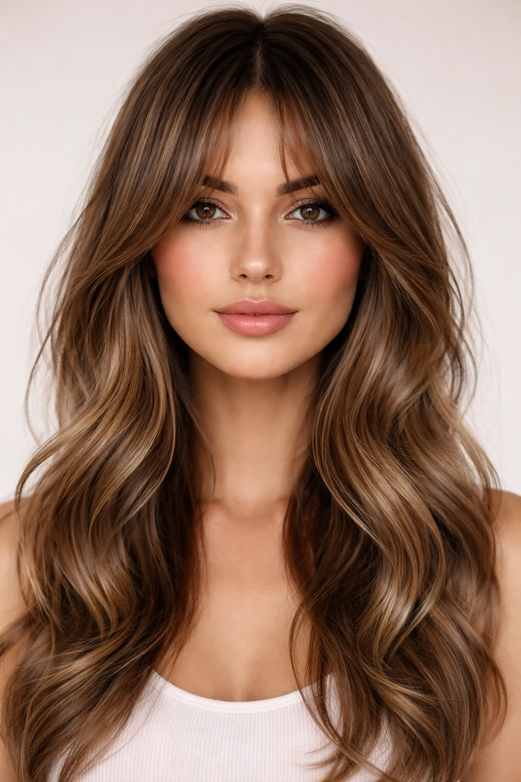 Model with curtain bangs and center part