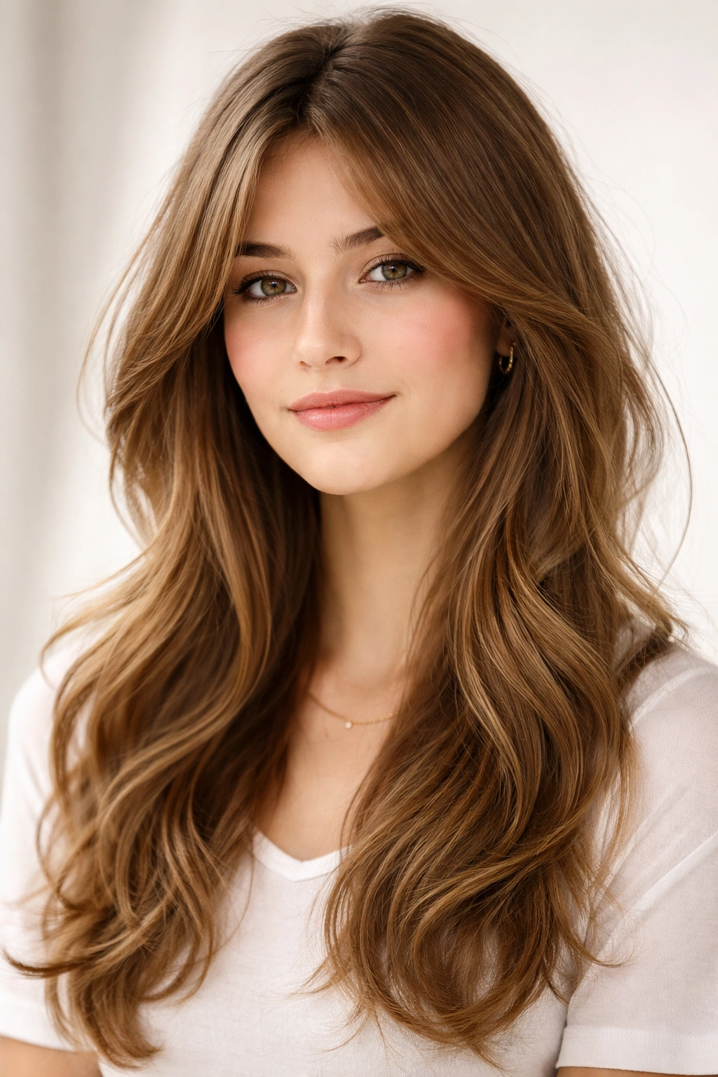 Teen with side-swept curtain bangs framing the face.